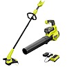 Ryobi 40V Cordless Battery 12 in. String Trimmer and 450 CFM 120 MPH Blower Combo Kit 2-Tools with 4.0 Ah Battery and Charger $169